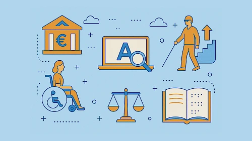 Illustration zum Thema Barrierefreiheit in der Bankenbranche: eine Person im Rollstuhl, eine sehbeeinträchtigte Person. Außerdem Symbole und Motive für digitale Zugänglichkeit
