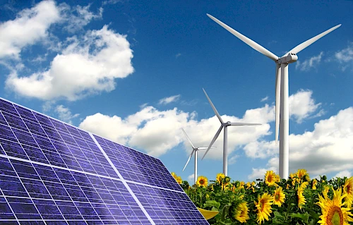 Windräder und Photovoltaik in einem Sonnenblumenfeld